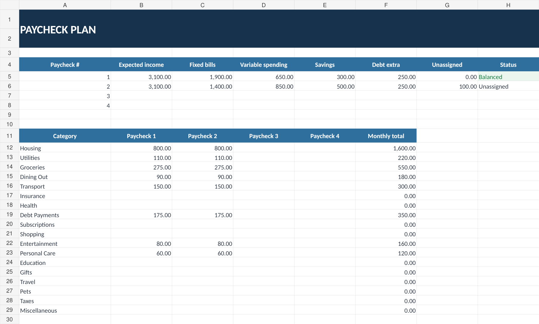 Paycheck planning worksheet preview