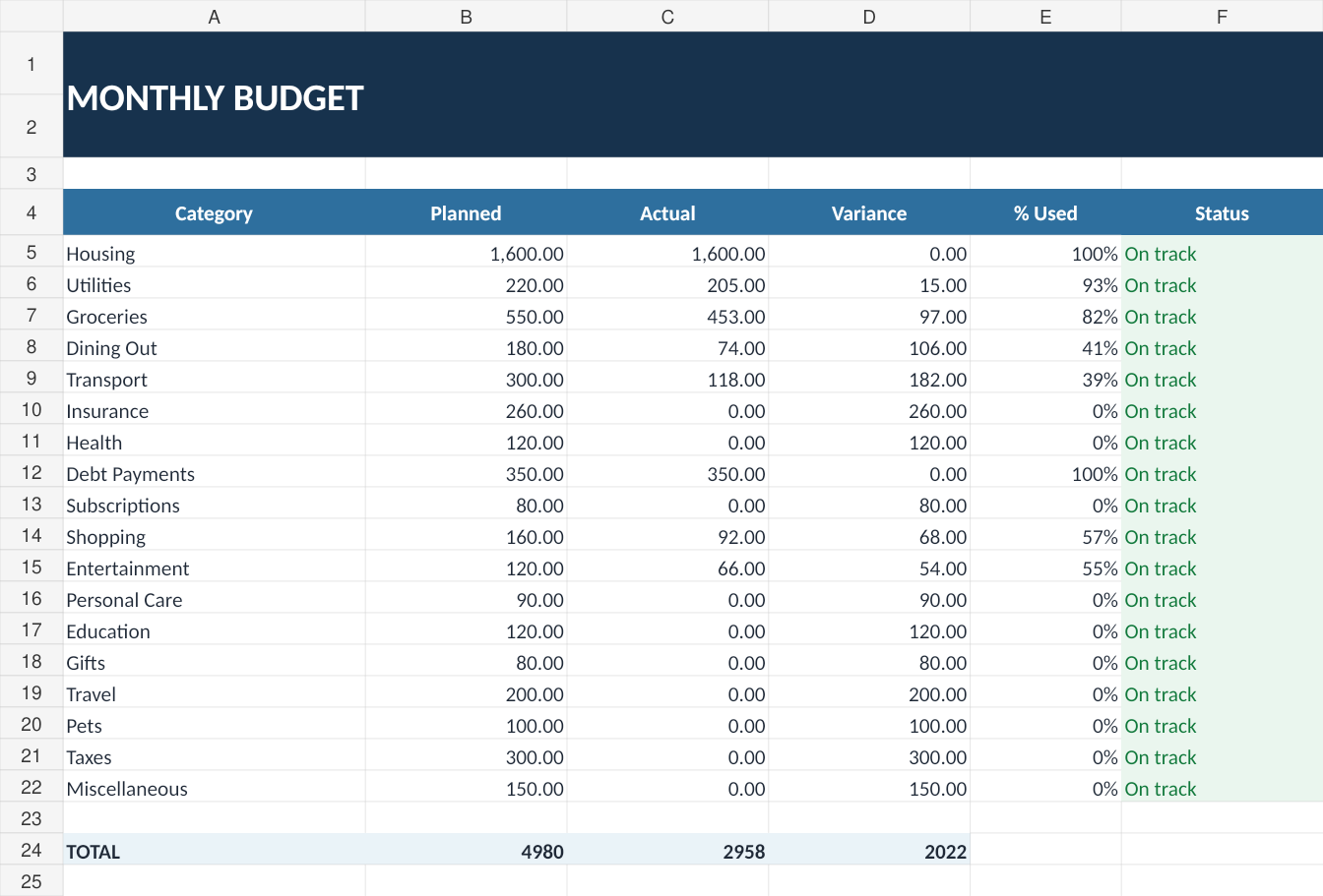 Monthly budget worksheet preview